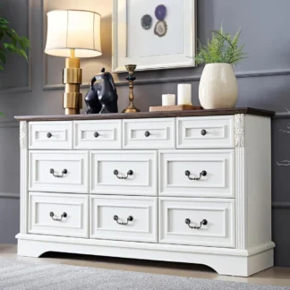 Cómoda de granja para dormitorio, 10 cajones, organizador de gabinete blanco antiguo con diseño tallado para sala de estar