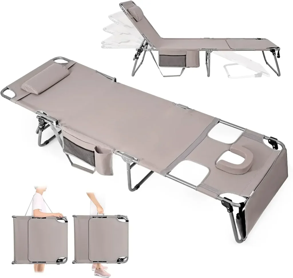Silla de bronceado con orificio para la cara, sillón plegable, silla de bronceado portátil y plana para uso exterior resistente