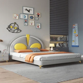 Cama para niños, cama de cuero para niños, moderna, sencilla, de madera maciza, individual, pequeña, familiar, creativa, con dibujos animados, cabecera de cama para niños