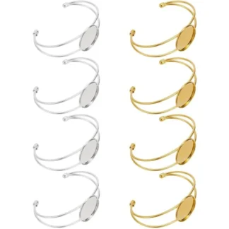 8 Uds pulsera en blanco con bisel 25mm 2 colores oro y plata Base de brazalete en blanco ajustable con bandeja kit de fabricación de pulseras de cabujón redondo