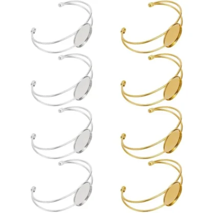 8 Uds pulsera en blanco con bisel 25mm 2 colores oro y plata Base de brazalete en blanco ajustable con bandeja kit de fabricación de pulseras de cabujón redondo