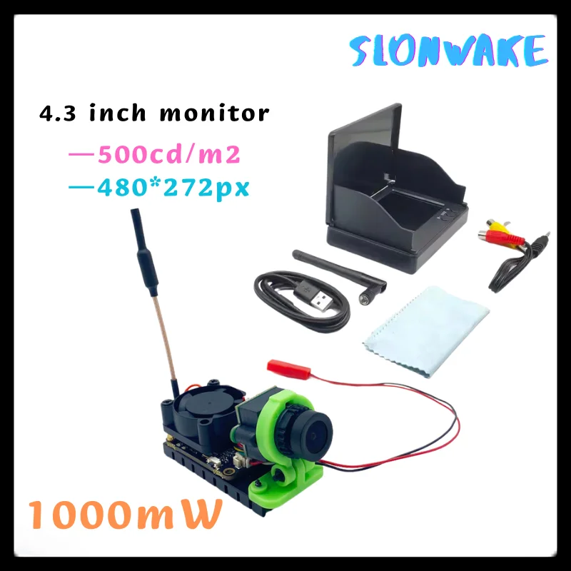 Monitor FPV de 5,8G, 48 canales, 4,3 pulgadas, pantalla de vídeo con batería integrada de 480x272 con transmisor ajustable de 5,8G y 1000mw + cámara CMOS 1000TVL