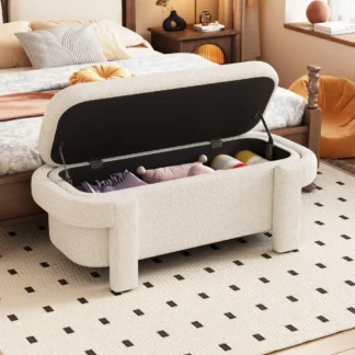 Banco otomano de almacenamiento moderno, gran espacio de almacenamiento para la sala de estar, entrada y dormitorio, blanco esponjoso (48''x21,5''x17'')