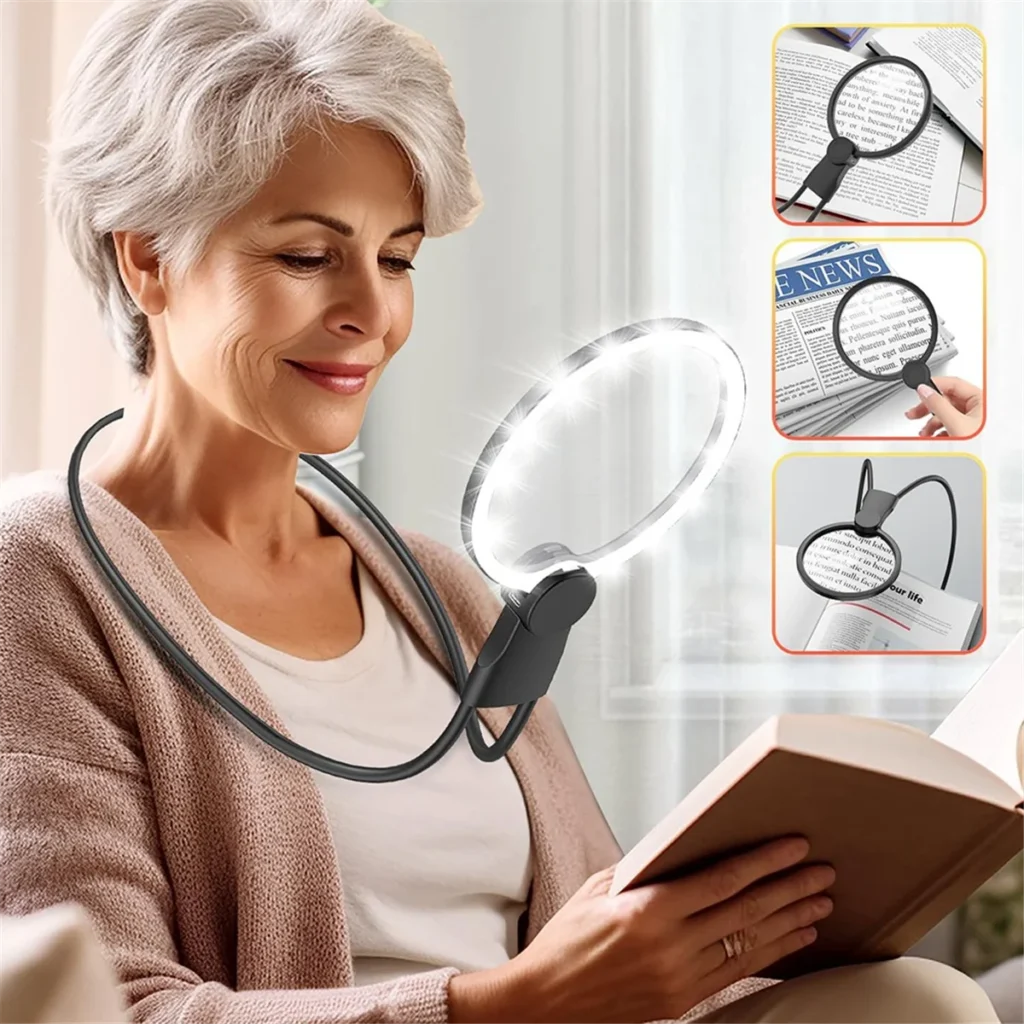 Lupa SEMOIC con luz para lectura, lupa 6x de 5,1 pulgadas con soporte, lupa grande usada en el cuello