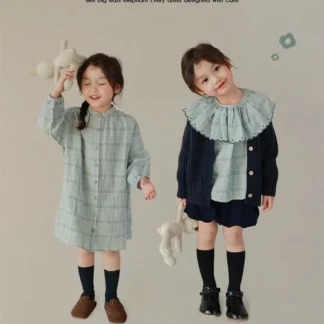 Vestido informal a cuadros a rayas para niña, Top con cuello vuelto grande, vestidos de fiesta de cumpleaños a la moda con una hilera de botones, 2024