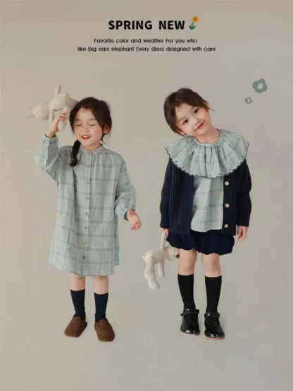 Vestido informal a cuadros a rayas para niña, Top con cuello vuelto grande, vestidos de fiesta de cumpleaños a la moda con una hilera de botones, 2024