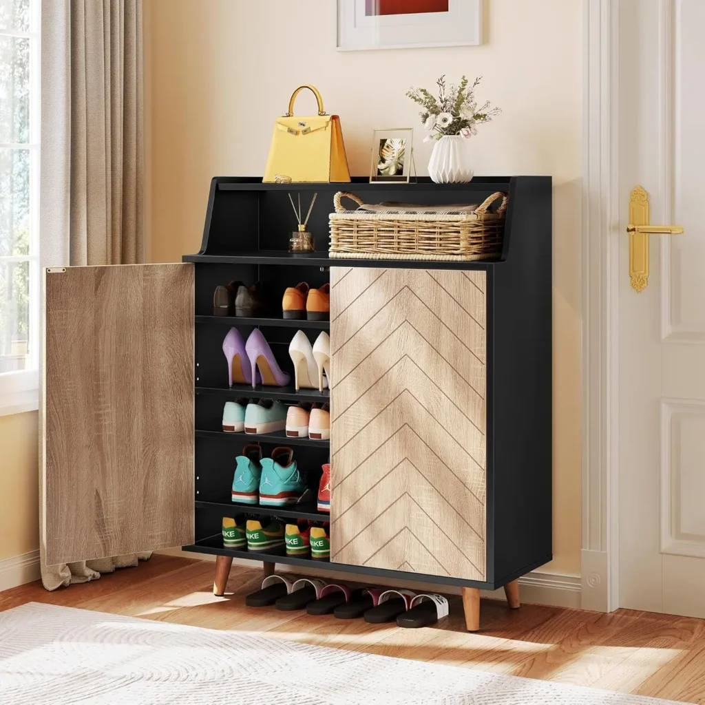 Zapatero con puertas, gabinete de almacenamiento de zapatos de 5 niveles con estantes abiertos, organizador de zapatero de madera de gran capacidad con Woo de pino