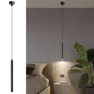 Luz LED colgante para dormitorio, lámpara colgante de techo de cilindro, sala de estar, moderna, para mesita de noche, comedor, barra de luz, negro