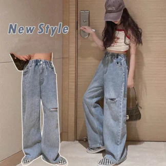 Nuevos pantalones vaqueros para chicas adolescentes Primavera Verano Casual sueltos rasgados con agujeros niños niñas pantalones Retro escuela niños niñas pantalones vaqueros combinables