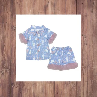 3.12 GSSO1946 Conejo de Pascua Patrón de pajarita Rosa Borde peludo Pantalones cortos azules Pijamas Conjunto para niños Ropa de dormir con diseño de conejito