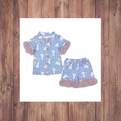 3.12 GSSO1946 Conejo de Pascua Patrón de pajarita Rosa Borde peludo Pantalones cortos azules Pijamas Conjunto para niños Ropa de dormir con diseño de conejito