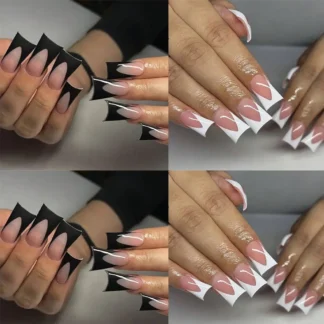 Pies de pato largos, puntas acampanadas de abanico, puntas de uñas de pato, uñas postizas francesas simples, borde blanco y negro, cubierta completa, patas de pato, puntas acampanadas DIY