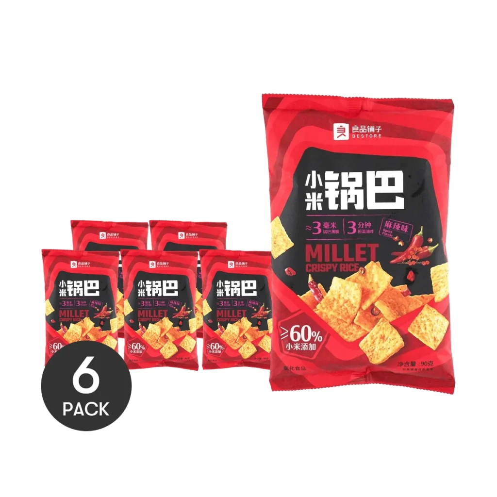 BESTORE-bocadillos de corteza de mijo picantes, 90g cada uno, golosinas crujientes y sabrosas, 6 paquetes