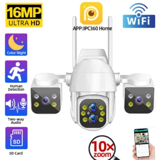 16MP 4K WiFi PTZ Security Camera 10X Zoom Outdoor Four Lens Three Screens Auto Tracking Wireless CCTV Video Surveillance Camera