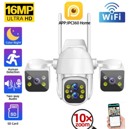16MP 4K WiFi PTZ Security Camera 10X Zoom Outdoor Four Lens Three Screens Auto Tracking Wireless CCTV Video Surveillance Camera