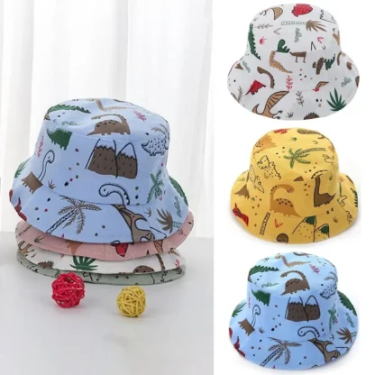 Gorros de cubo para bebé con estampado de dinosaurio de dibujos animados de verano protección del cuero cabelludo sombrero de playa ajustable protector solar para niños sombrero de protección solar para niñas