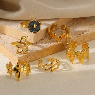 Anillos de corazón con lazo de acero inoxidable para mujer, joyería estética bonita de flor de Color dorado de 18 K, anillo para hombre y mujer, regalo de Navidad