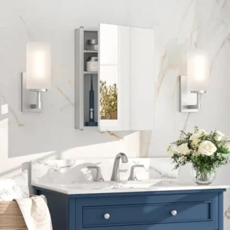 Botiquín pequeño de 14 x 18 pulgadas, requiere ensamblaje, botiquín de baño plateado con espejo, ligero, ajuste gratuito