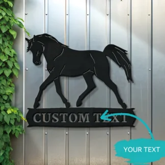 Letrero de metal con silueta de caballo personalizado grabado con texto personalizado, arte de pared atemporal para el jardín del hogar, amante del clima duradero