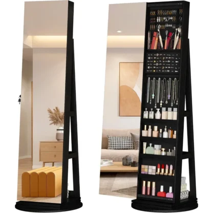 360 ° Gabinete giratorio con espejo para joyería, joyería de pie, espejo giratorio de longitud completa de 63" con almacenamiento de joyas, bloqueable con respaldo