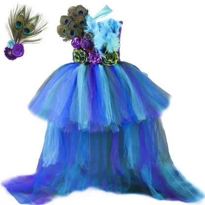 Vestido tutú de pavo real para niñas, vestido largo de cola con flores y plumas, vestido de princesa de tul, vestido de baile para desfile, disfraz de fiesta de Halloween para niños