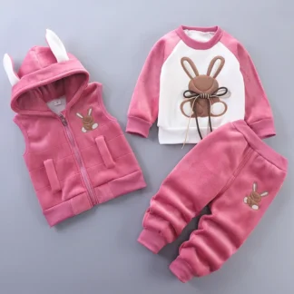 Conjunto de ropa de invierno y otoño para niñas, sudadera de conejo de dibujos animados, pantalones y chaleco, traje de 3 uds para niñas pequeñas de 1 a 4 años, ropa gruesa y cálida