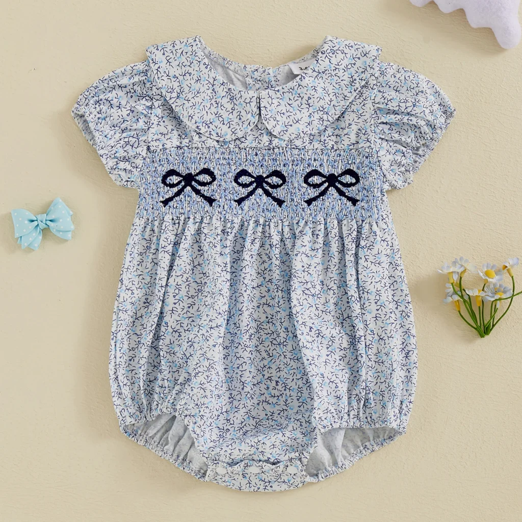 Peleles dulces para niñas, monos de manga corta con cuello de muñeca y estampado bordado con lazo, ropa de verano para niñas