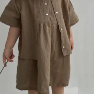 Ropa de verano para niños, nueva niña, moda japonesa y coreana, vestido de manga corta con solapa redonda de imitación de algodón y lino