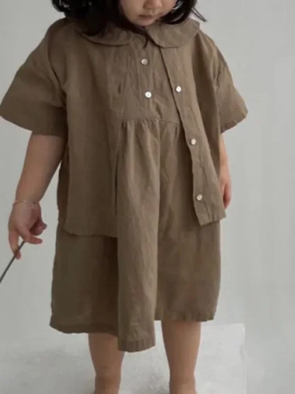 Ropa de verano para niños, nueva niña, moda japonesa y coreana, vestido de manga corta con solapa redonda de imitación de algodón y lino