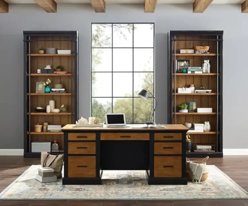 Muebles Escritorio de pedestal doble, escritorio marrón en forma de L, muebles de oficina, escritorios, mesa de escritorio