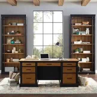 Muebles Escritorio de pedestal doble, escritorio marrón en forma de L, muebles de oficina, escritorios, mesa de escritorio