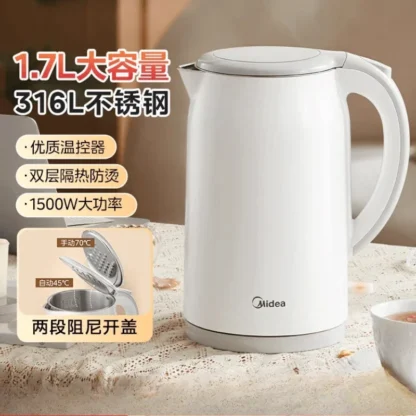 Hervidor de agua eléctrico Midea de 220 V para té y café con apagado automático y protección contra ebullición en seco