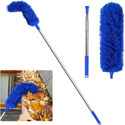 Cepillo de limpieza de canalones, herramienta para techos con poste telescópico extensible, herramienta limpiadora de protección de 8,2 pies, fácil de quitar, color azul