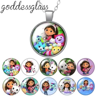 Nuevo dibujos animados gabby casa de muñecas chica gato lindo regalo foto redonda cabujón de cristal plateado colgante collar 60cm joyería regalo