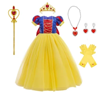 Disfraz de Blancanieves para niñas, vestido de princesa con lentejuelas y lazo grande y manga abombada + corona para niños, vestido de Carnaval, Halloween, Año Nuevo y cumpleaños