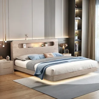 Cama suspendida, cama de madera maciza de fresno, dormitorio principal, dormitorio pequeño minimalista moderno nórdico de 1,8 m, cama doble de 1,5 m