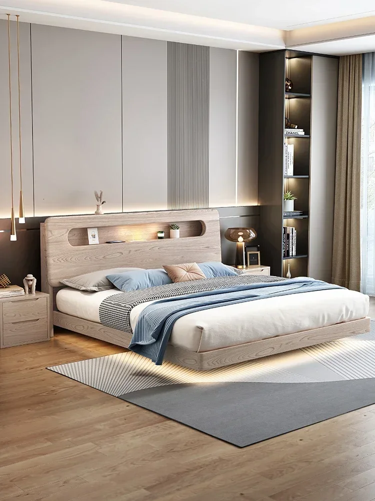 Cama suspendida, cama de madera maciza de fresno, dormitorio principal, dormitorio pequeño minimalista moderno nórdico de 1,8 m, cama doble de 1,5 m