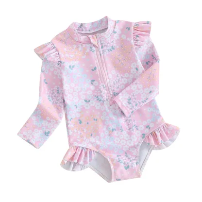 Trajes de baño para niña, verano, volantes, estampado floral, manga larga, mono con cremallera, ropa de playa para trajes de baño para niños pequeños