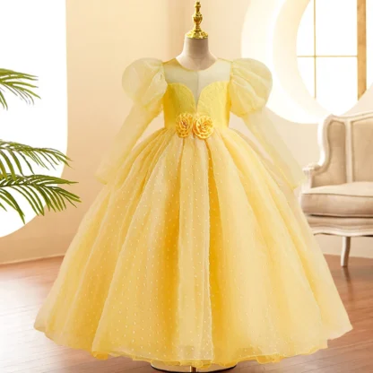 Vestido de fiesta de manga larga de verano para niñas, disfraz de princesa de encaje, vestido amarillo de fiesta para niñas, vestido de cumpleaños