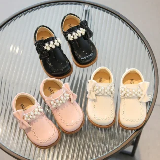 Zapatos pequeños de cuero con perlas para niña, zapatos de princesa con pajarita, zapatos Mary Jane de moda, zapatos de fondo suave para niña, primavera y otoño