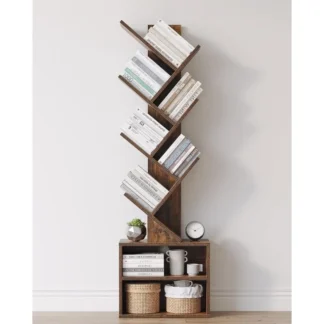 Estantería de árbol de 6 niveles, estantería pequeña con gabinete de almacenamiento, organizador moderno de estanterías altas y estrechas, estantería para libros de pie
