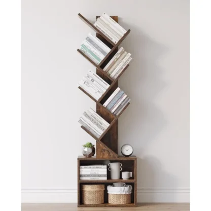 Estantería de árbol de 6 niveles, estantería pequeña con gabinete de almacenamiento, organizador moderno de estanterías altas y estrechas, estantería para libros de pie