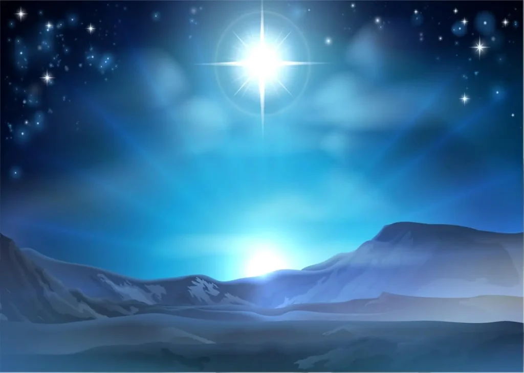 Escena de Natividad navideña, estrella de Belén sobre el desierto, nacimiento de Jesús, Iglesia religiosa, Fondo de fotografía