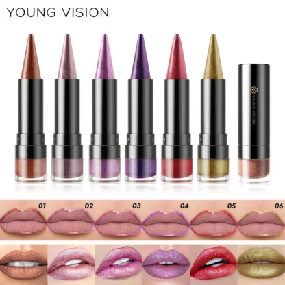 YOUNG VISION 7 colores metálico mate perla brillo fino diamante lápiz labial de larga duración fácil de colorear taza antiadherente brillo de labios