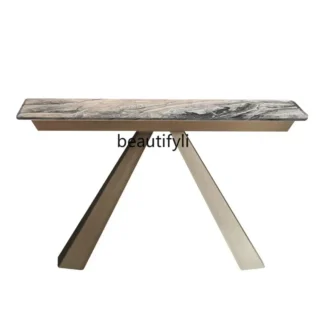 Consola italiana de mármol de lujo suave R11, mesas consolas ultra estrechas de acero inoxidable con vista lateral para el hogar
