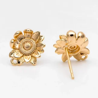 10 postes de aretes de girasol, aretes florales de latón chapado en oro con lazo (GB-3224)