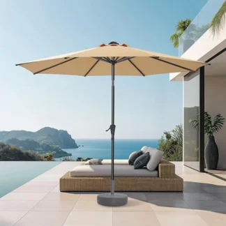 Sombrilla para patio al aire libre de 9 pies, mesa de mercado, sombrilla para cubierta de piscina UPF50+ protección UV con botón de inclinación, manivela y 8 varillas resistentes