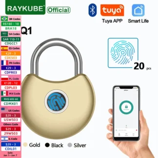 RAYKUBE PQ1 candado de huella digital inteligente IP65 impermeable Tuya BLE desbloqueo remoto carga USB desbloqueo cerradura de puerta de gabinete antirrobo