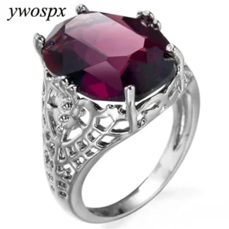 YWOSPX Anillos huecos de circón rojo romántico Anillos de Color plateado para mujer joyería boda Anel compromiso anillo de piedra grande regalos Y30
