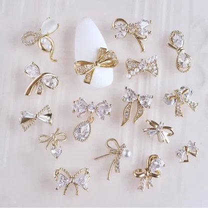 Accesorios para manicura, Accesorios de decoración de uñas, 3D, lazo de mariposa, aleación, zirconia, perla, cristal, Metal, 10 Uds.
